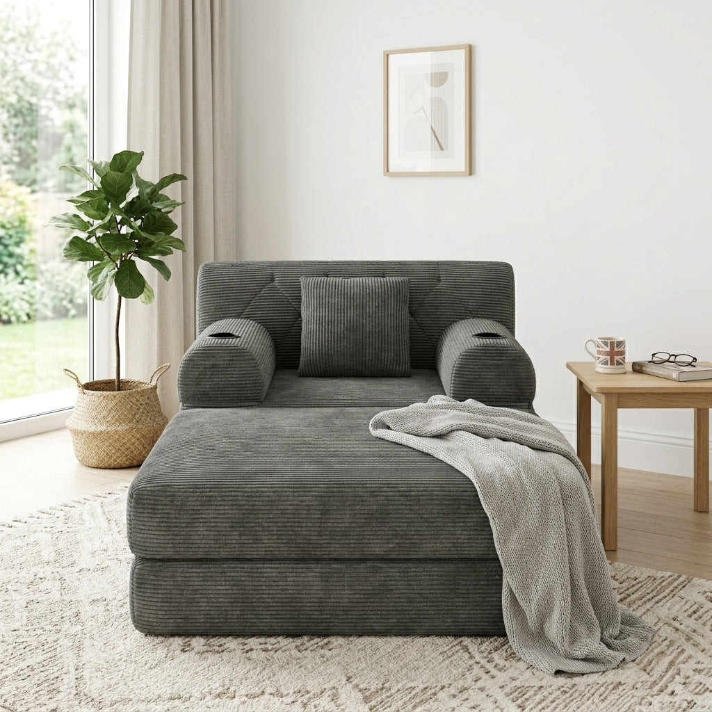 Contemporary Grey Corduroy Lounger with Tufted Back and Cupholders WOOLBASKET