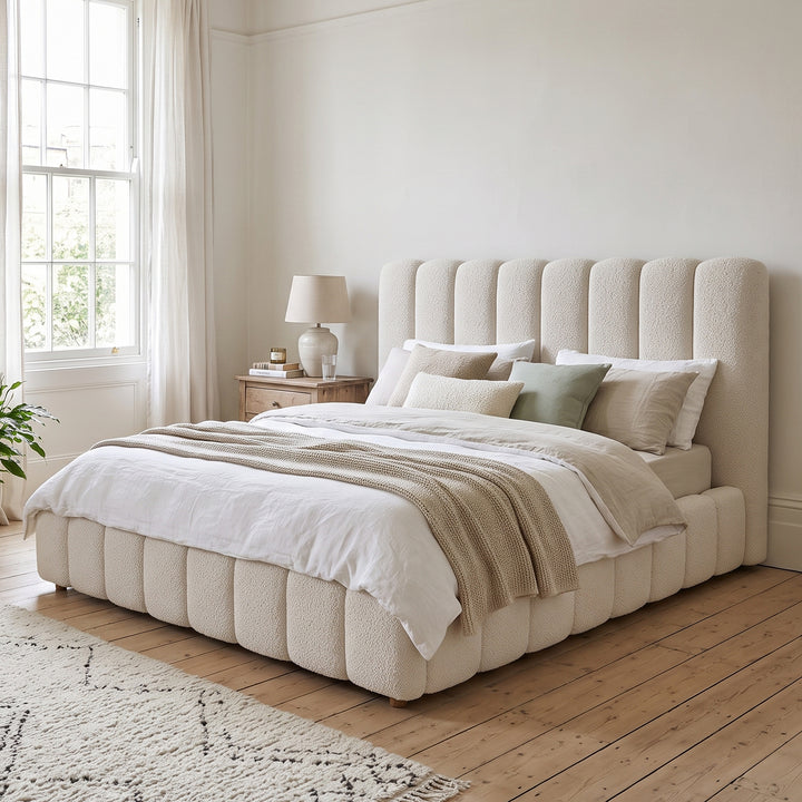 White Bouclé Super King Ottoman Bed & with Storage & Padded Headboard 180x200cm WOODROOM
