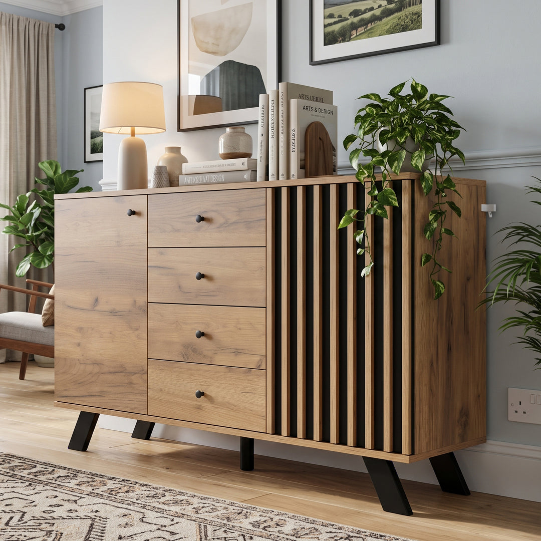 Oak Sideboard Cabinet with Black Stripe 4 Drawers & 2 Doors 120x38x75cm WOODCREDENZA