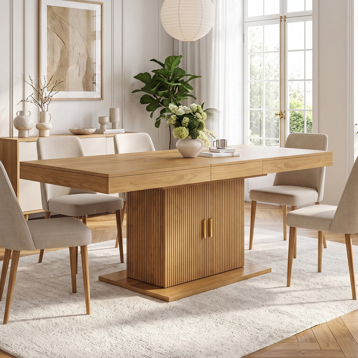 Wooden Extendable Dining Table with Storage Cabinet 140–180cm WOODPRIME