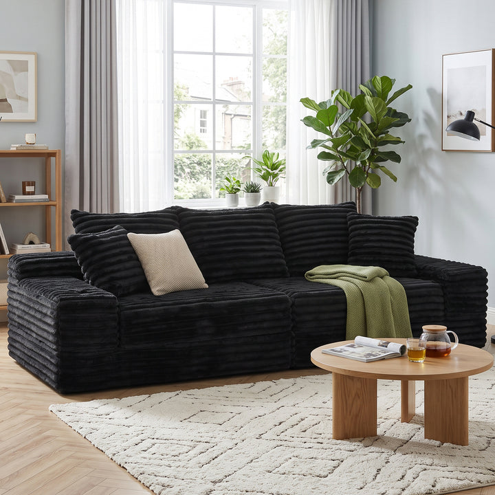 Luxury Black Ribbed Velvet 3-Seater Sofa Bed Convertible with Cupholders and Side Pockets WOOLCART