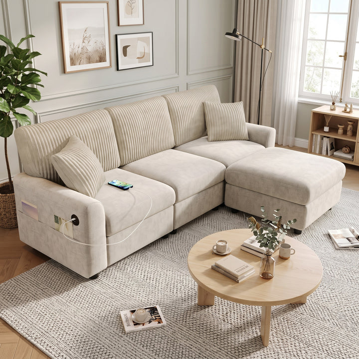 L-Shaped Sofa Beige Chenille and Corduroy with Footstool 223cm WOODPRO