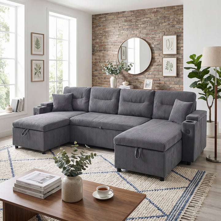 Luxury 4 Seater Grey Corduroy Convertible U-Shape Sofa with Dual Storage Chaises, Cup Holders and USB-C
