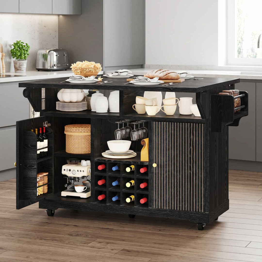 Black kitchen trolley with foldable dining table, wine rack and wheels RACKFLOW