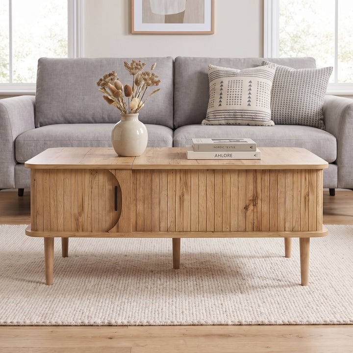 Retro Lift-Top Natural Wooden Look Coffee Table with 3D Wave 95cm ARROWLAMP