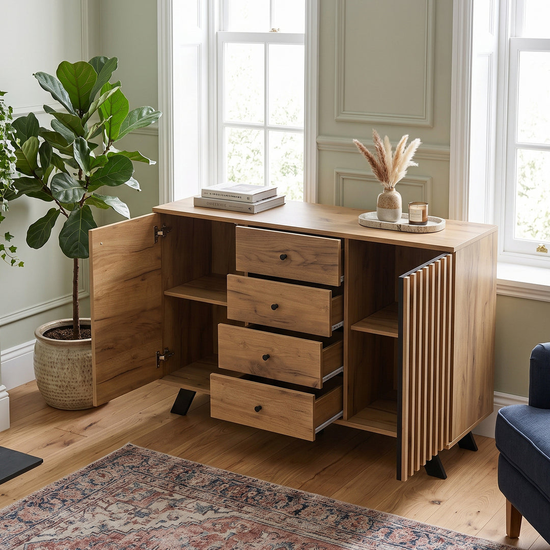 Oak Sideboard Cabinet with Black Stripe 4 Drawers & 2 Doors 120x38x75cm WOODCREDENZA