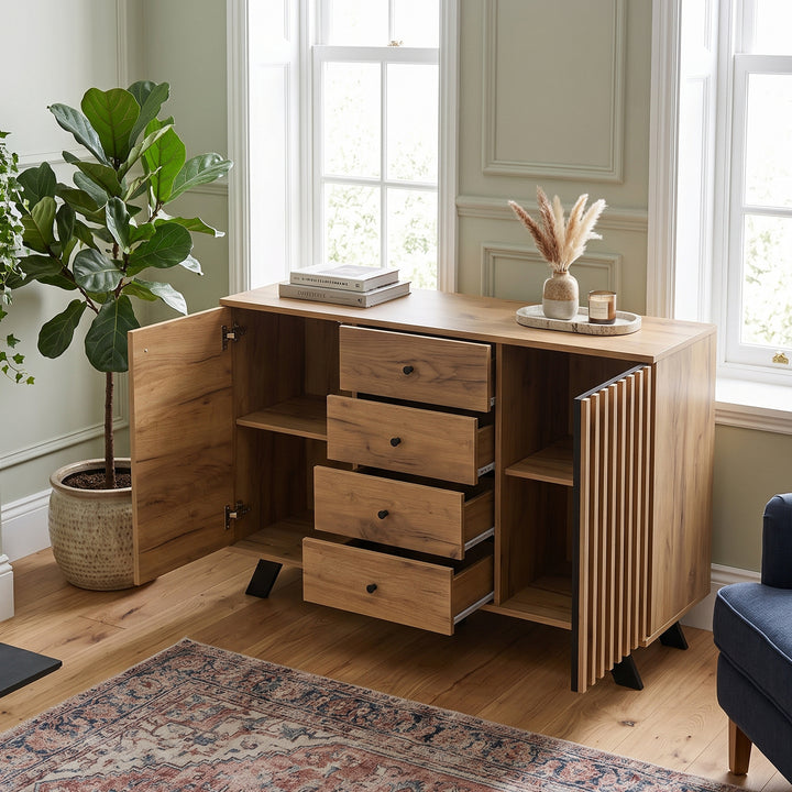 Oak Sideboard Cabinet with Black Stripe 4 Drawers & 2 Doors 120x38x75cm WOODCREDENZA