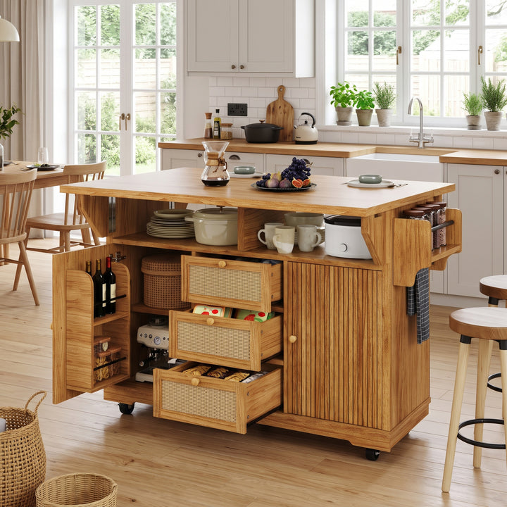 Kitchen Trolley Dark Brown Wooden with Folding Worktop & PE Rattan Drawers ARROWVASE