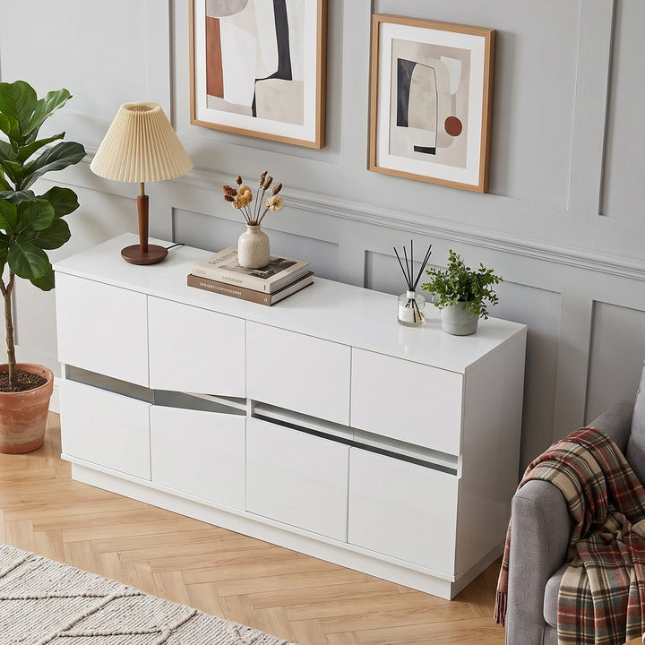 White High-Gloss Sideboard&nbsp;with 4 Doors & LED Lighting 140cm WICKERTABLE