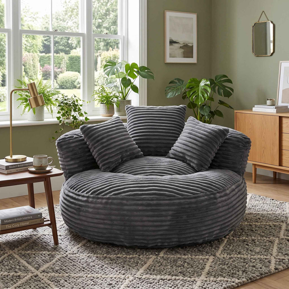 Large bean bag chair with 3 pillows, corduroy armchair, dark grey RACKWORK