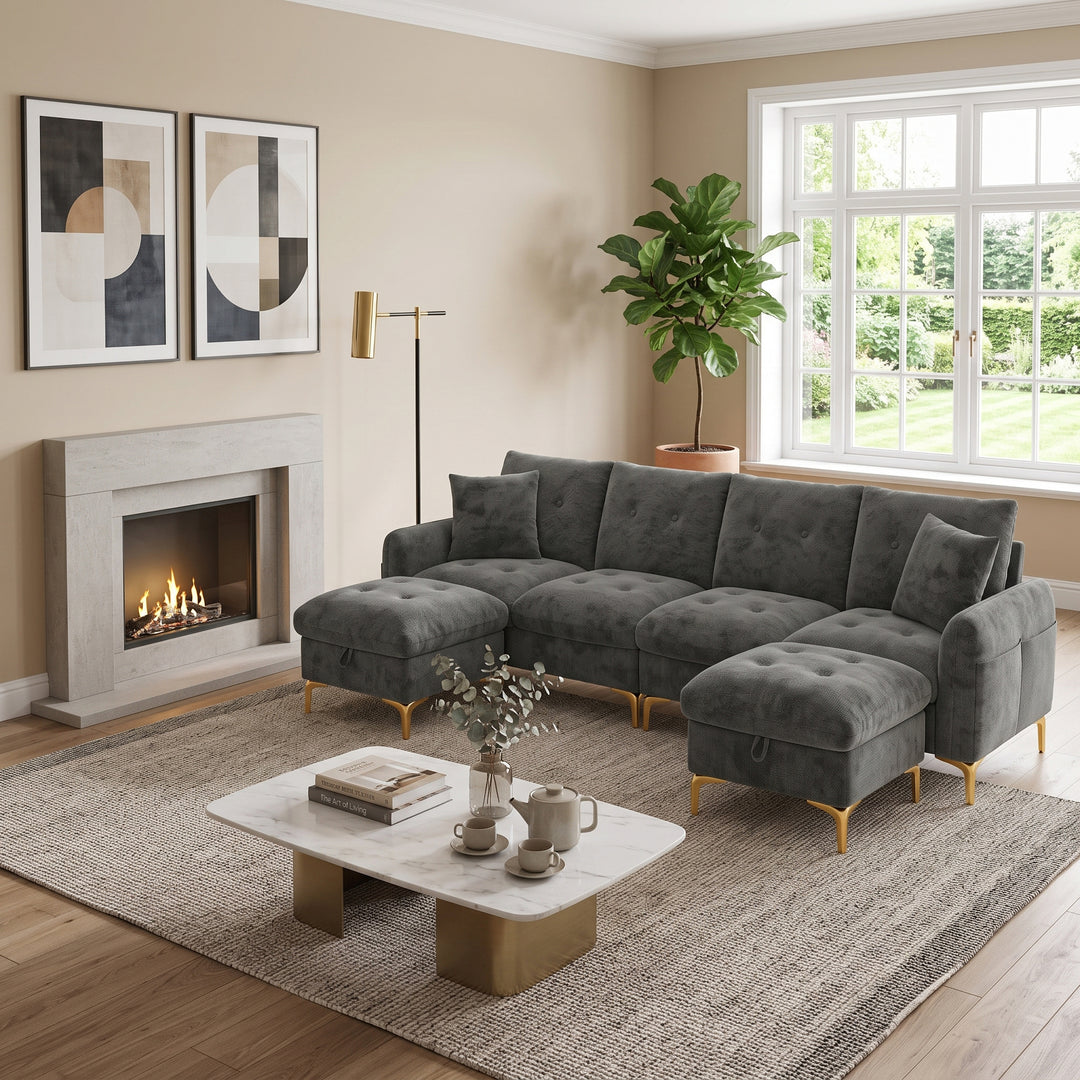 U-shaped tufted 4-seater modular sofa with 2 storage ottomans, chenille grey and golden legs QUADSHELF