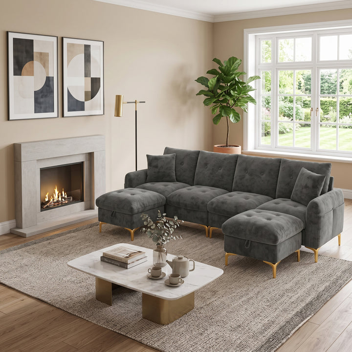 U-shaped tufted 4-seater modular sofa with 2 storage ottomans, chenille grey and golden legs QUADSHELF