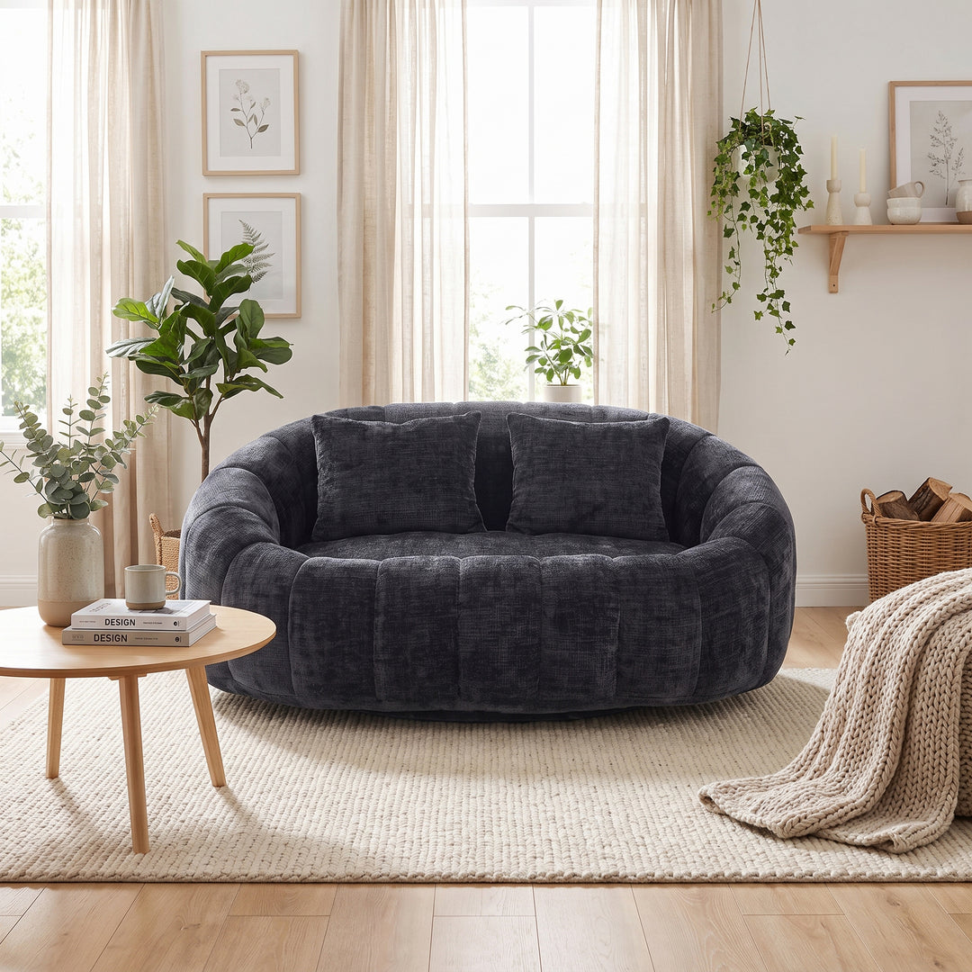 Contemporary Black Chenille Curved Barrel Chair and Cuddle Lounger with 2 Pillows WOOLCHEST