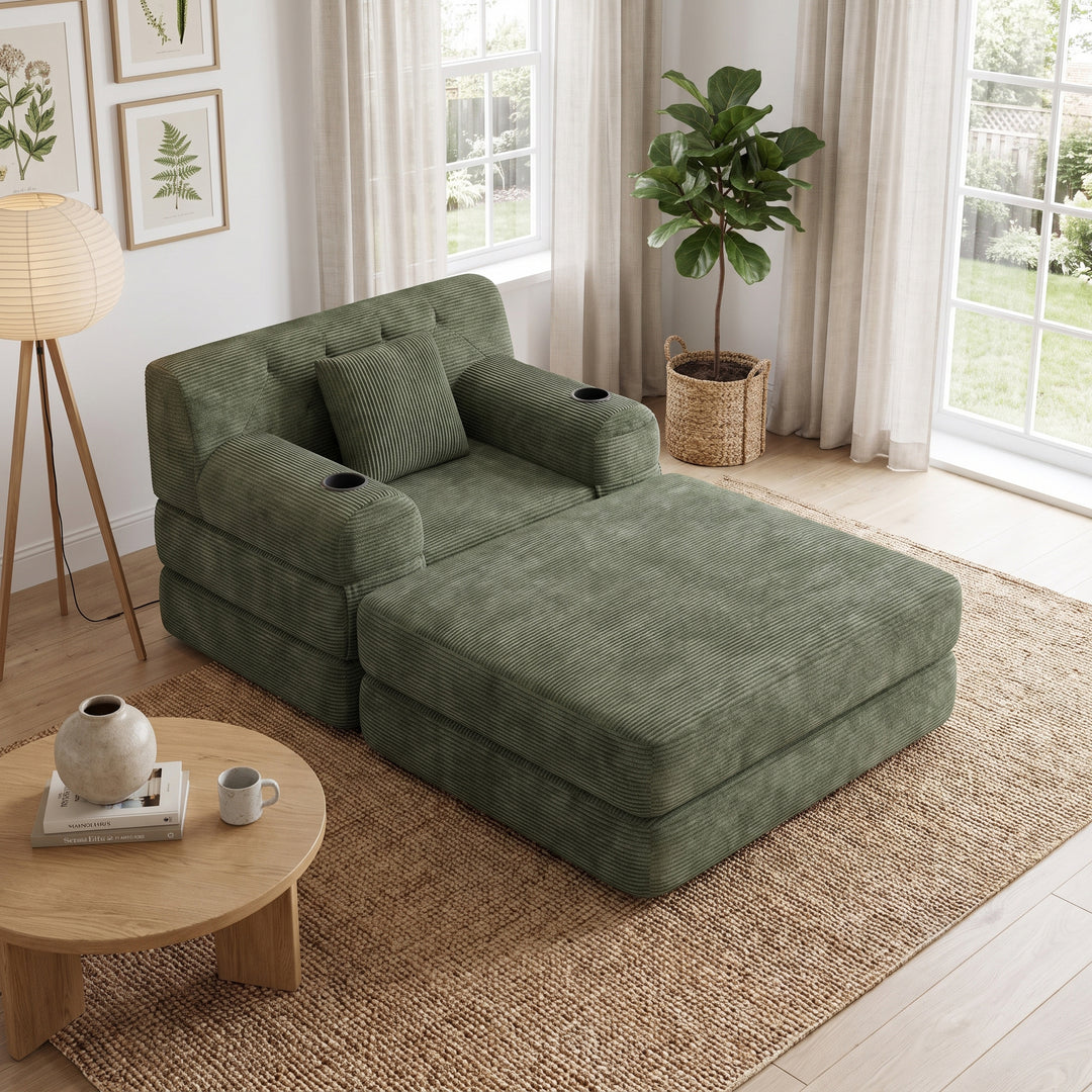 Contemporary Green Corduroy Lounger Convertible with Tufted Back and Cupholders WOOLCABINET