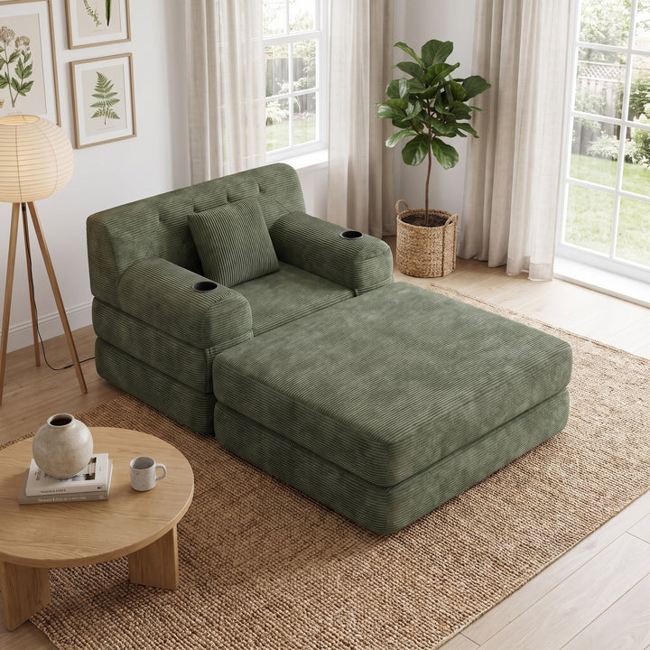 Contemporary Green Corduroy Lounger Convertible with Tufted Back and Cupholders WOOLCABINET