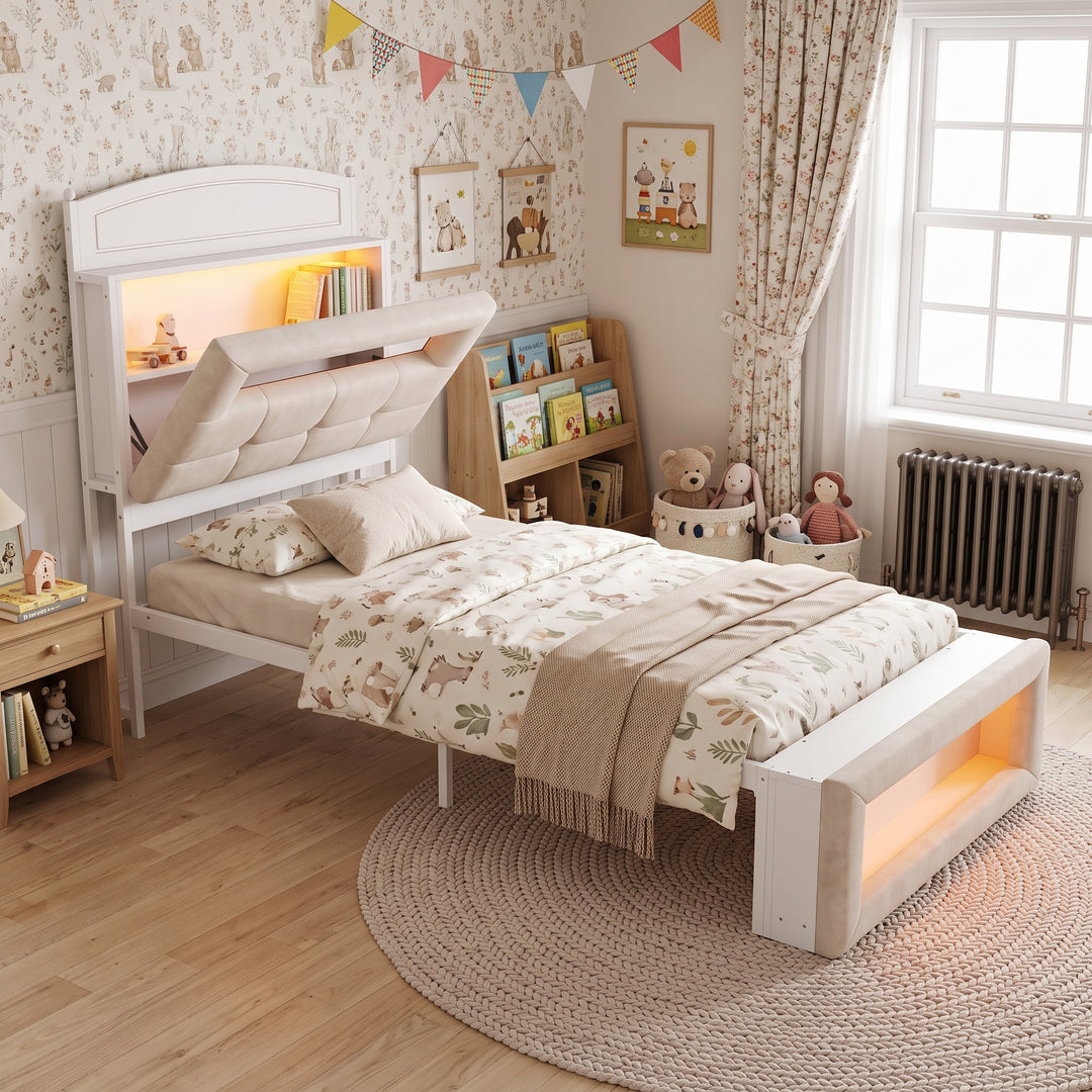 White Cream Velvet Single Bed Frame with Storage Headboard, Footboard & LED Lights 90x190cm WOODNIGHTSTAND