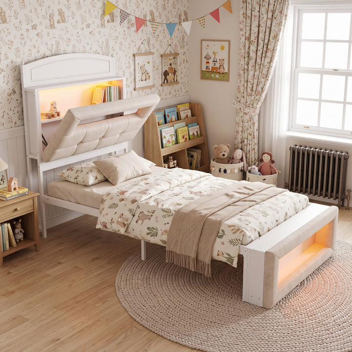 White Cream Velvet Single Bed Frame with Storage Headboard, Footboard & LED Lights 90x190cm WOODNIGHTSTAND
