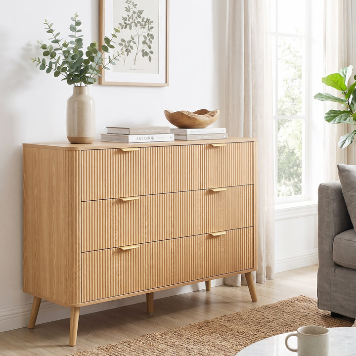 3-Drawer Scandinavian Oak-look Sideboard with Fluted Fronts 100cm ARROWDESK