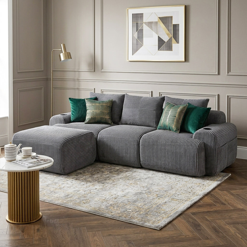 3-seater L-shaped modular corduroy sofa with ottomans, dark grey lounge RACKMARBLE