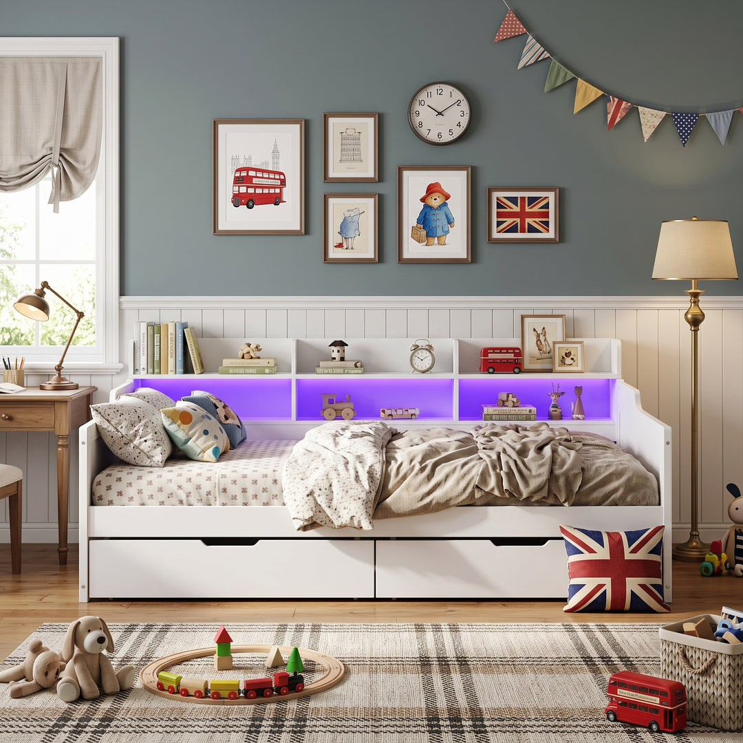 White Wooden Single Daybed Storage with 2 Wheeled Drawers and LED Light 90x190cm WOODWARDROBE