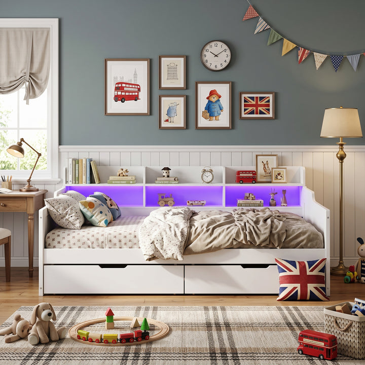 White Wooden Single Daybed Storage with 2 Wheeled Drawers and LED Light 90x190cm WOODWARDROBE