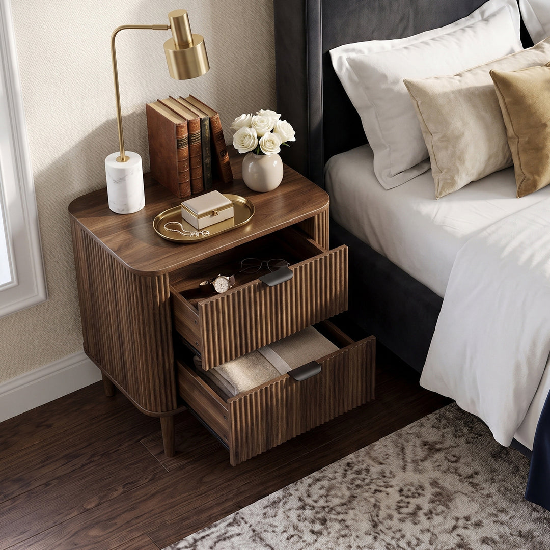 Walnut Nightstand Bedside Table with Fluted 2-Drawer Storage WOODLINE