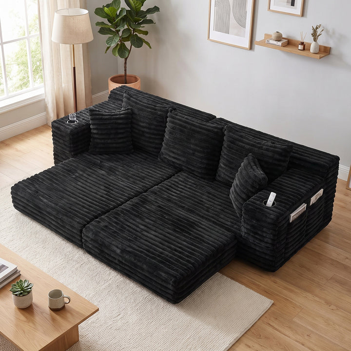 Luxury Black Ribbed Velvet 3-Seater Sofa Bed Convertible with Cupholders and Side Pockets WOOLCART