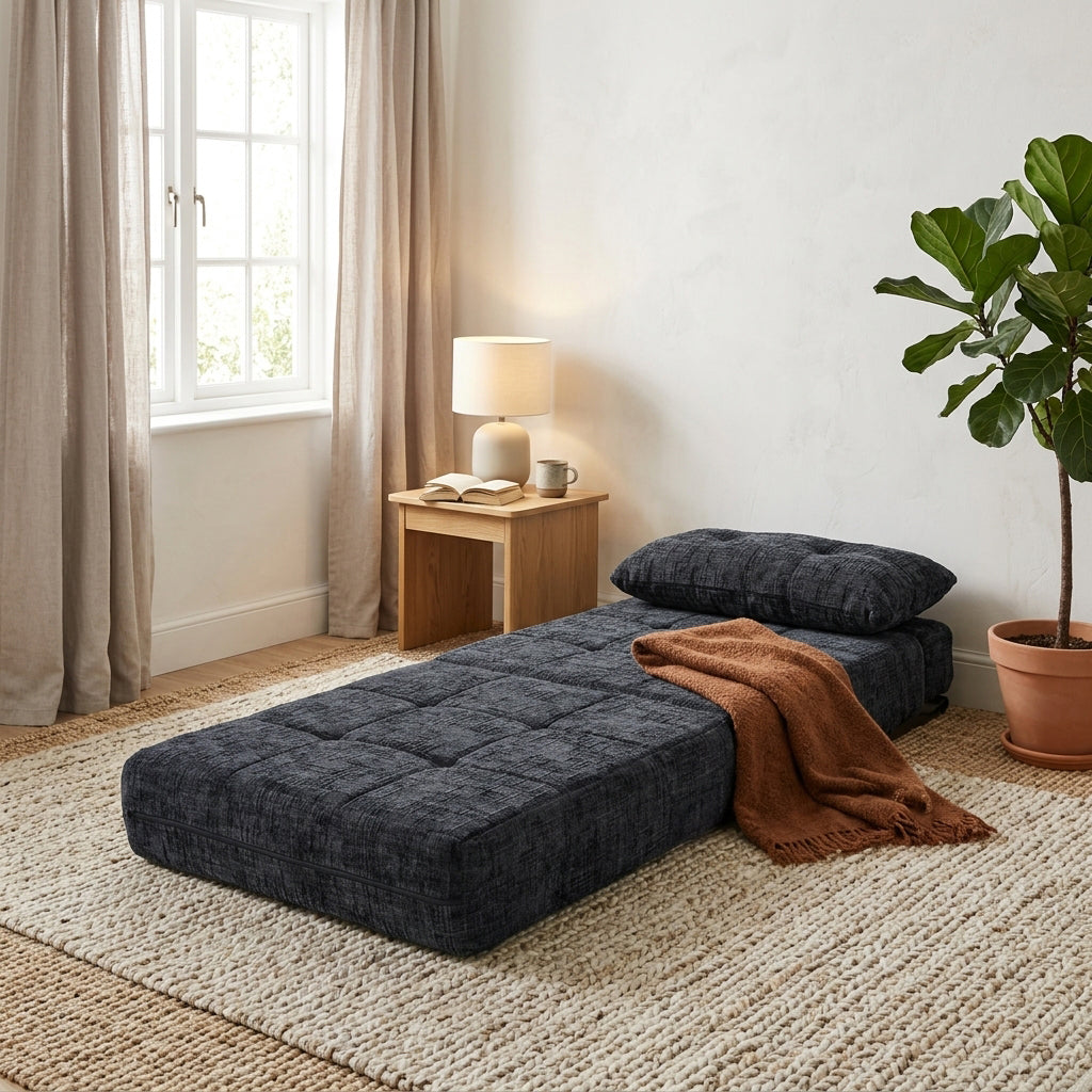 Compact Black Upholstered Folding Sleeper Chair with Straps WOODDESK