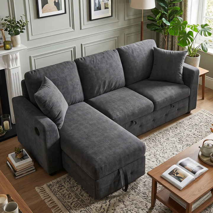 L-Shaped Corner 3-Seater Sofa Bed Grey Chenille with Storage Chaise and USB Charging 200cm ARROWCHEST
