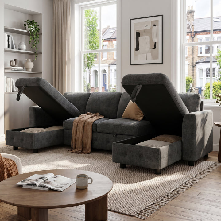 U-Shaped Sectional Sofa Grey Chenille with Pull-Out Bed &amp; 2 Storage Chaises 260cm ARROWCABINET