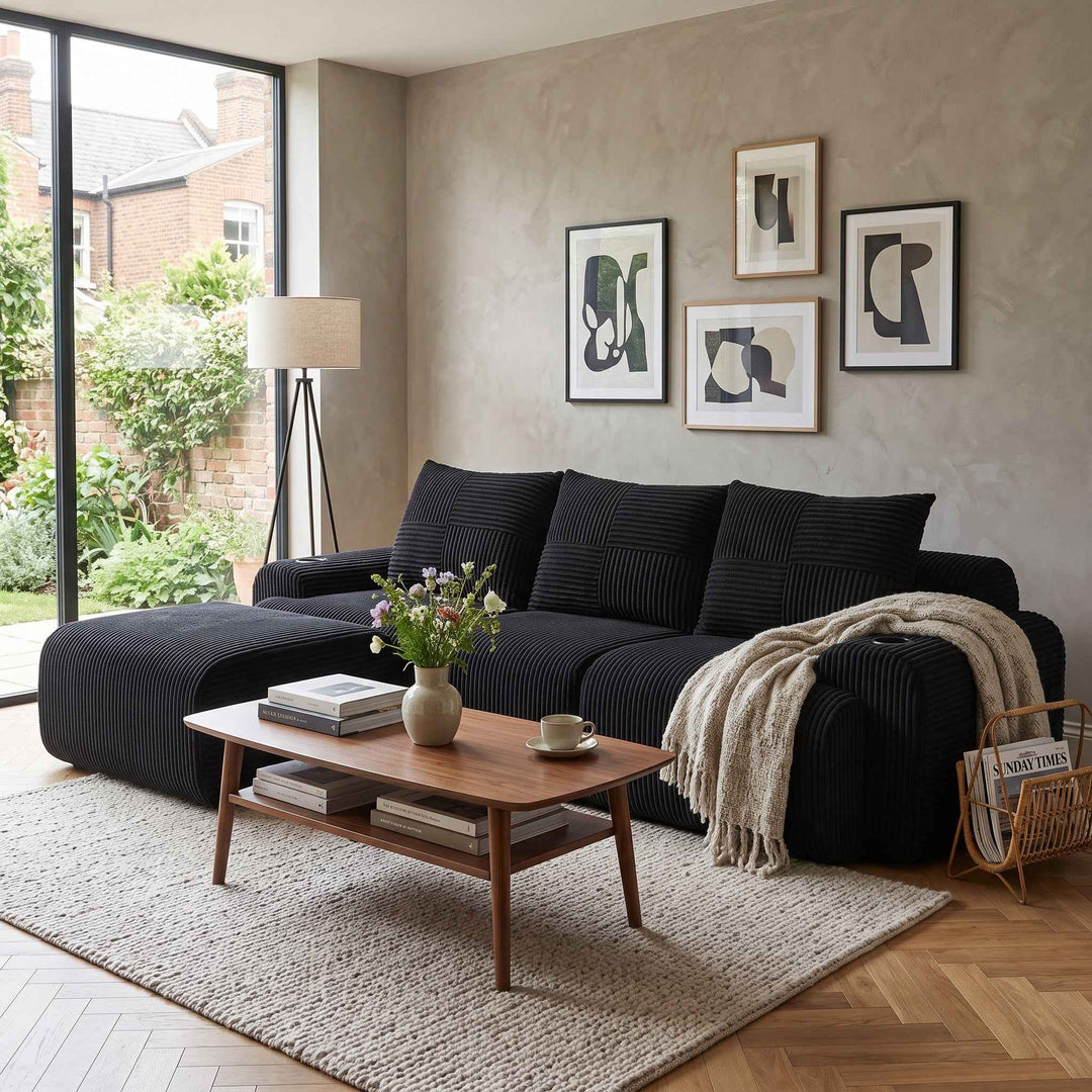 Modular 3-seater L-shape corduroy sofa with ottomans, black, storage pockets RACKGREEN