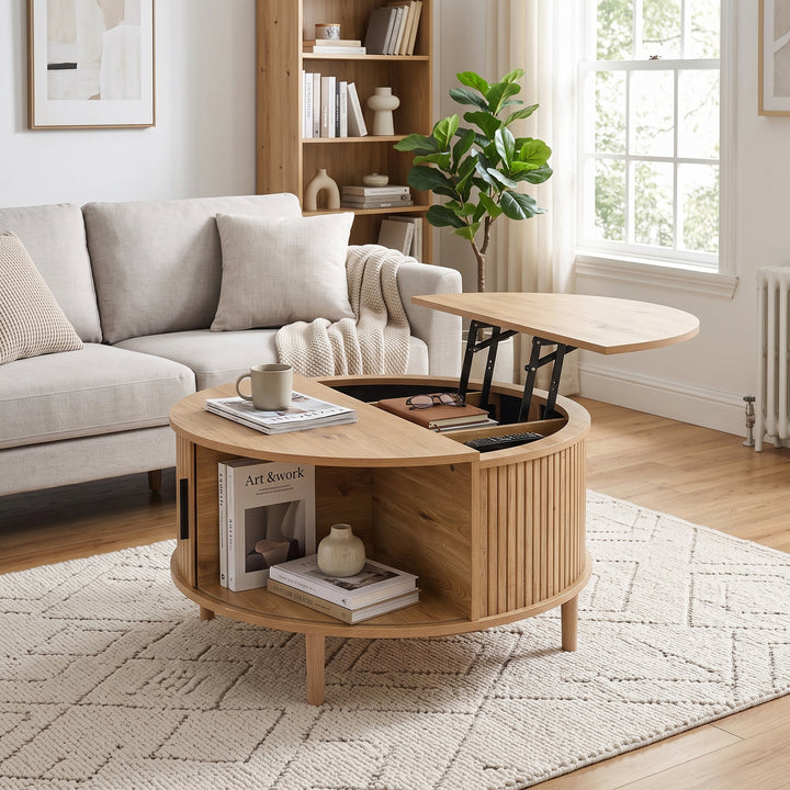 Oak Lift-Top Round Coffee Table with Storage and Sliding Door 80 cm WOODCUSHION