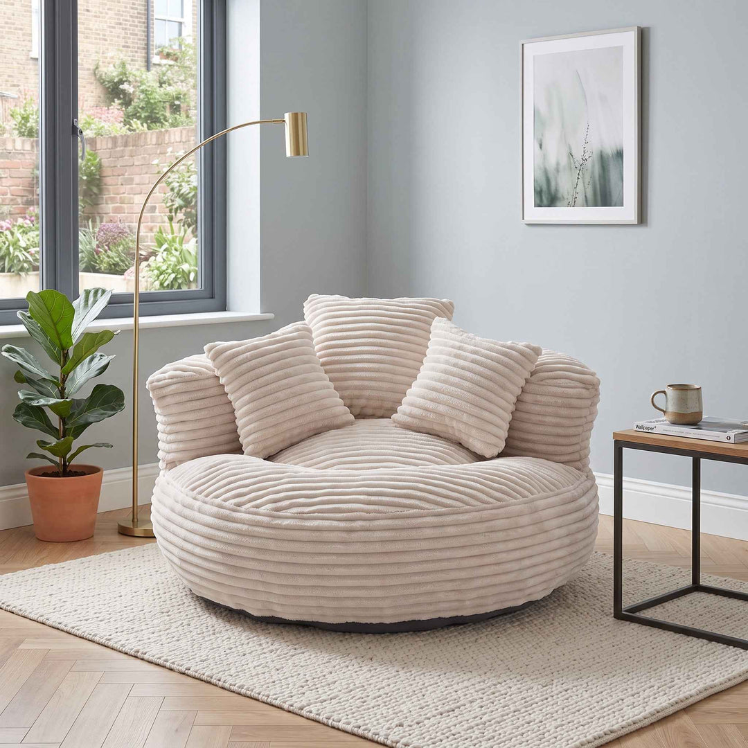 Large bean bag chair with 3 pillows, corduroy armchair, beige RACKZONE