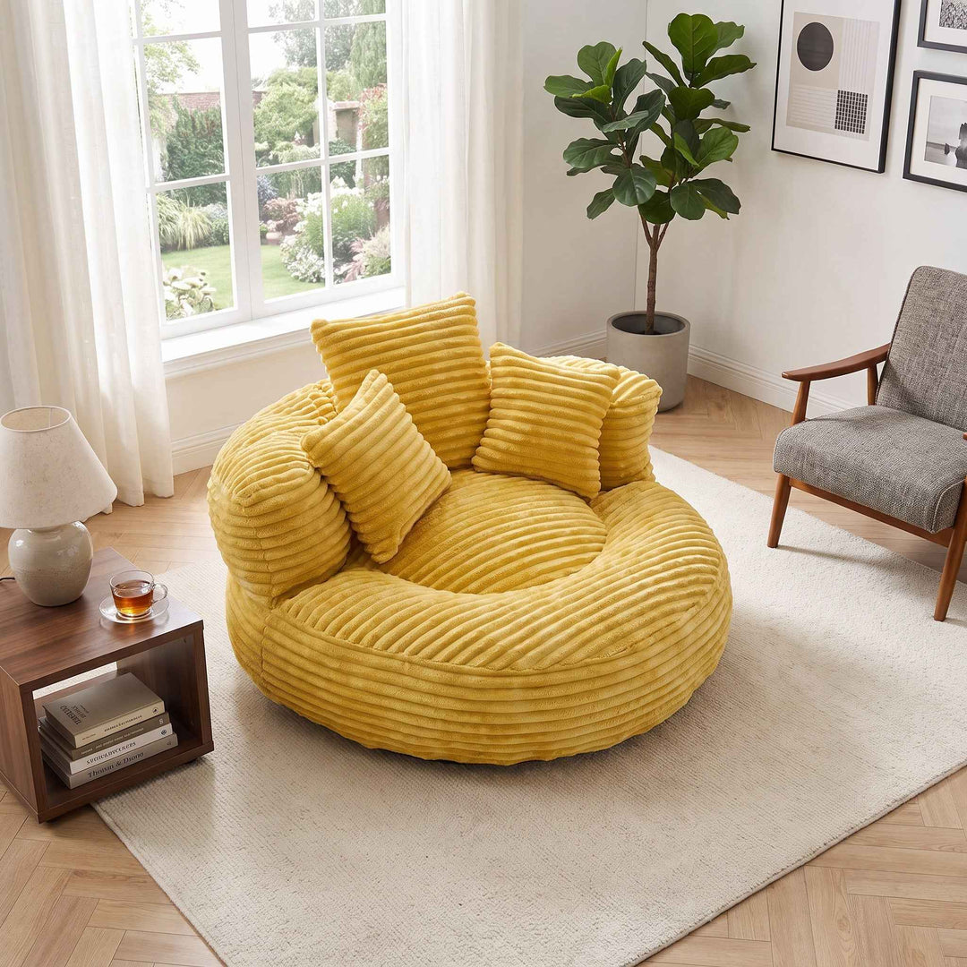 Large bean bag chair with 3 pillows, corduroy armchair, yellow RATTANARMOIRE