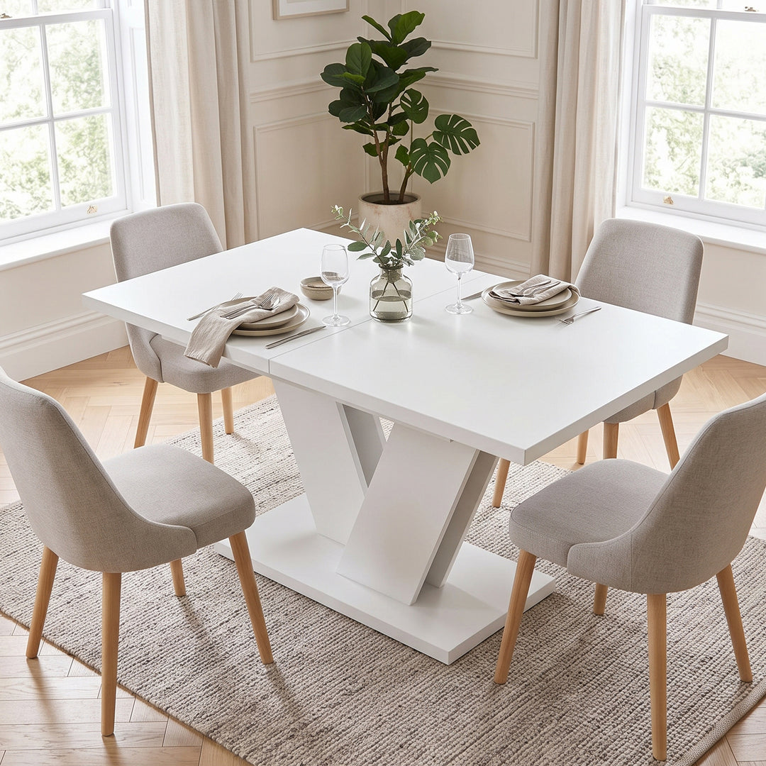 White Extendable Dining Table with V-Shaped Metal Legs 120–160x80cm WOODPLUS
