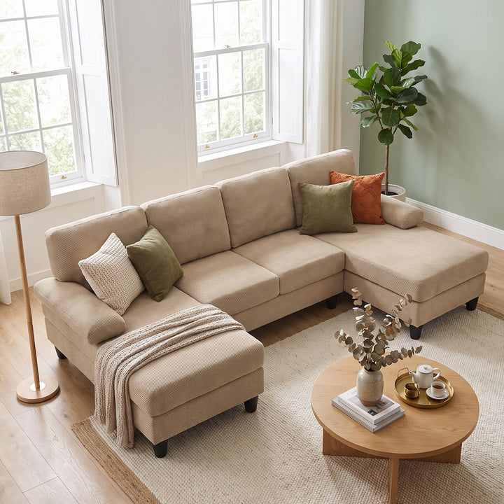 Modern Beige Camel Fabric U-Shaped Sectional Sofa with Dual Chaises 264cm WOODTRAY