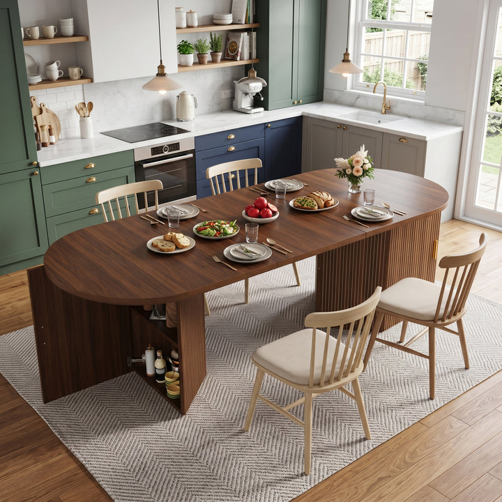 Brown Extendable Oval Dining Table with 2 Hidden Storage Cabinets 120–160cm ARROWBASKET