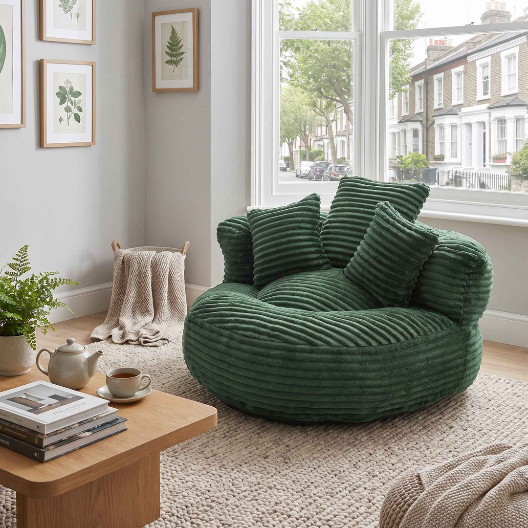 Large bean bag chair with 3 pillows, corduroy armchair, green RATTANBASKET