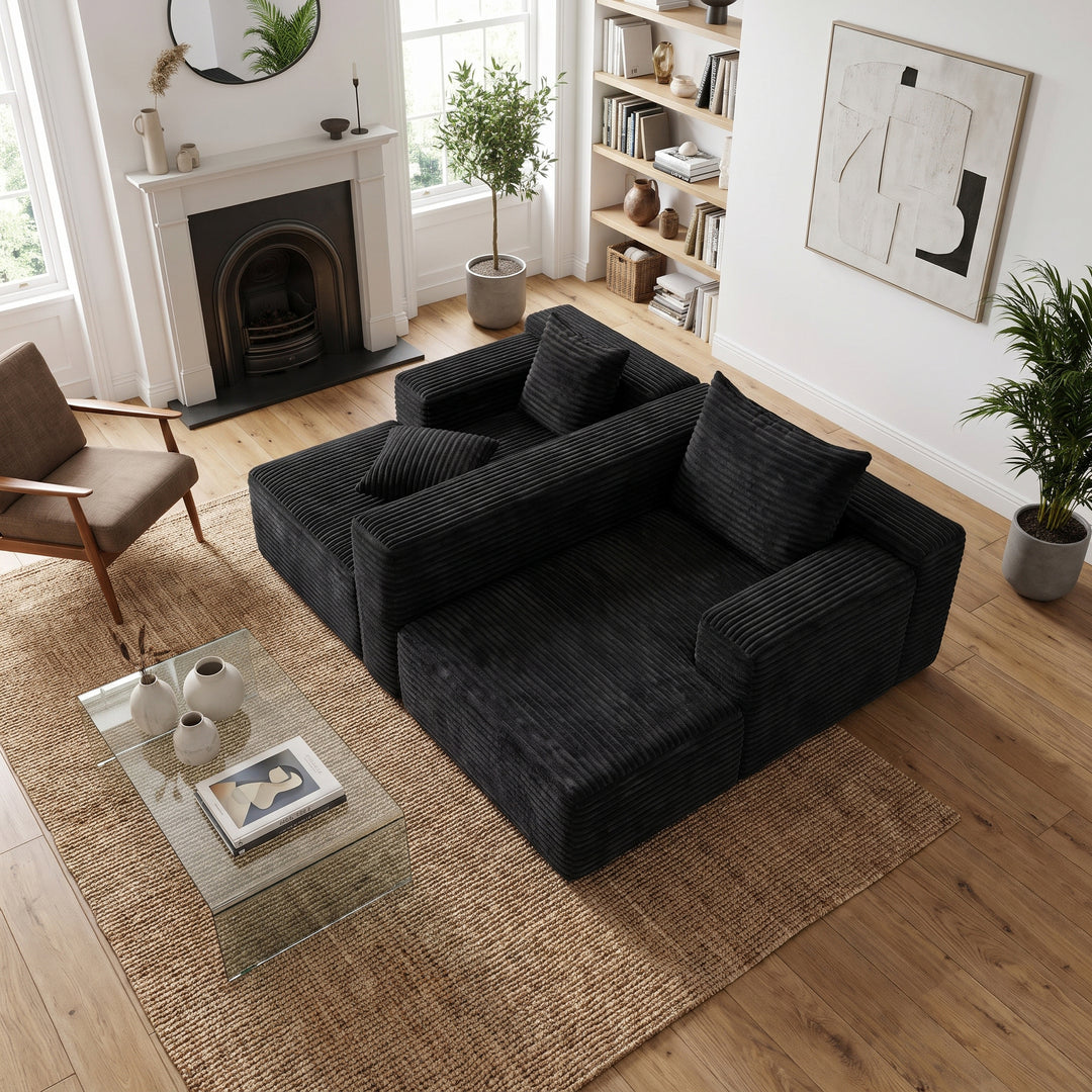 Black L-Shaped Sectional Sofa Corduroy with Deep Seat 237cm ARROWDRESSER