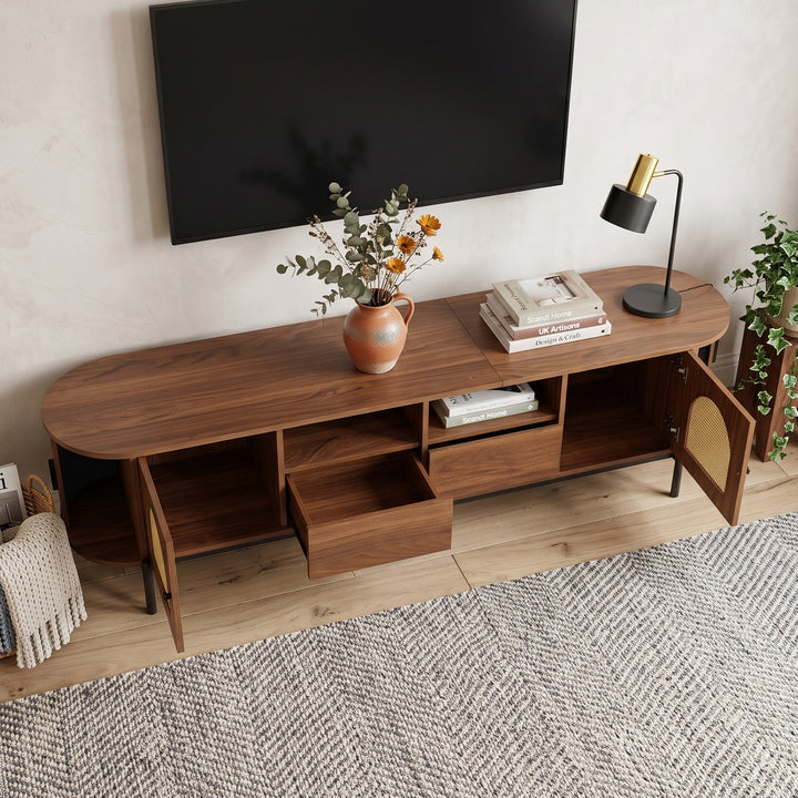 Vintage walnut TV cabinet with rattan doors drawers open storage RACKFLEX