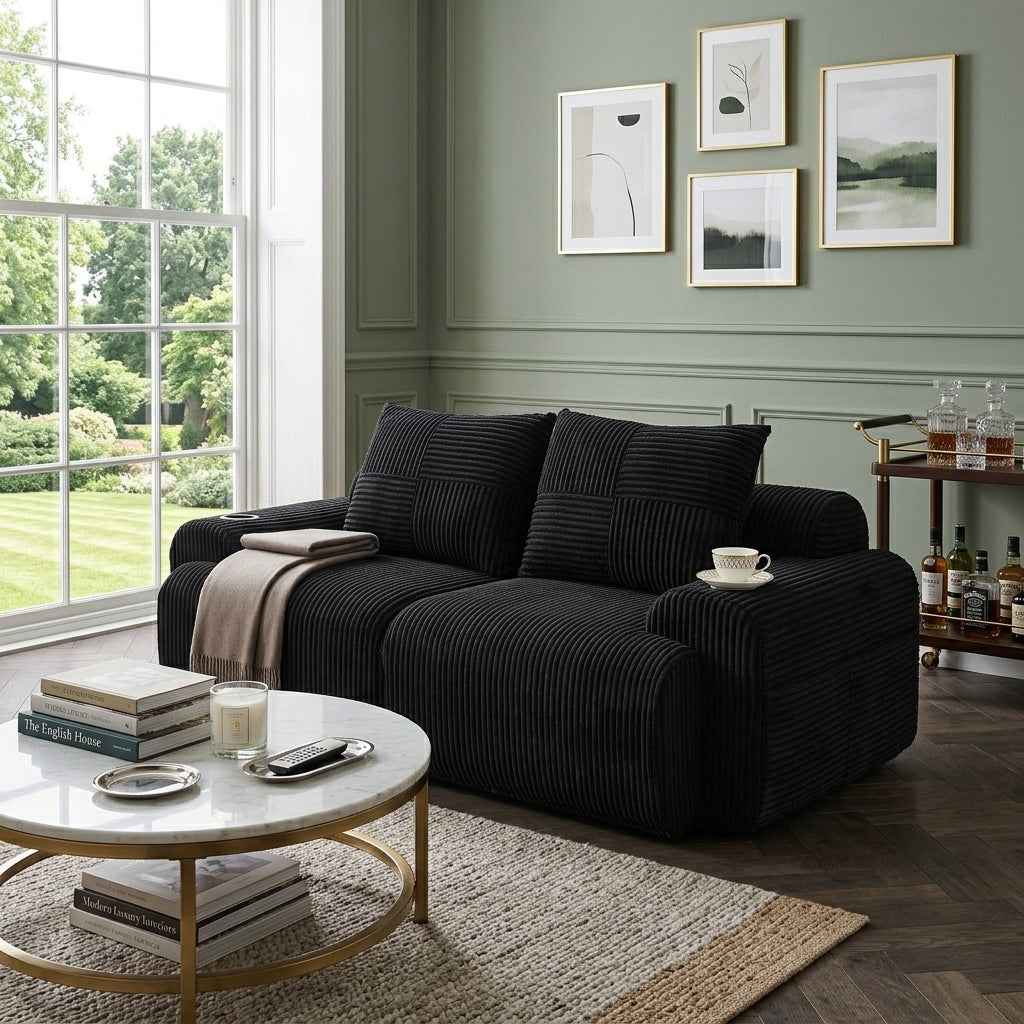 2-seater modular corduroy sofa, black with cup holders RACKGRAY
