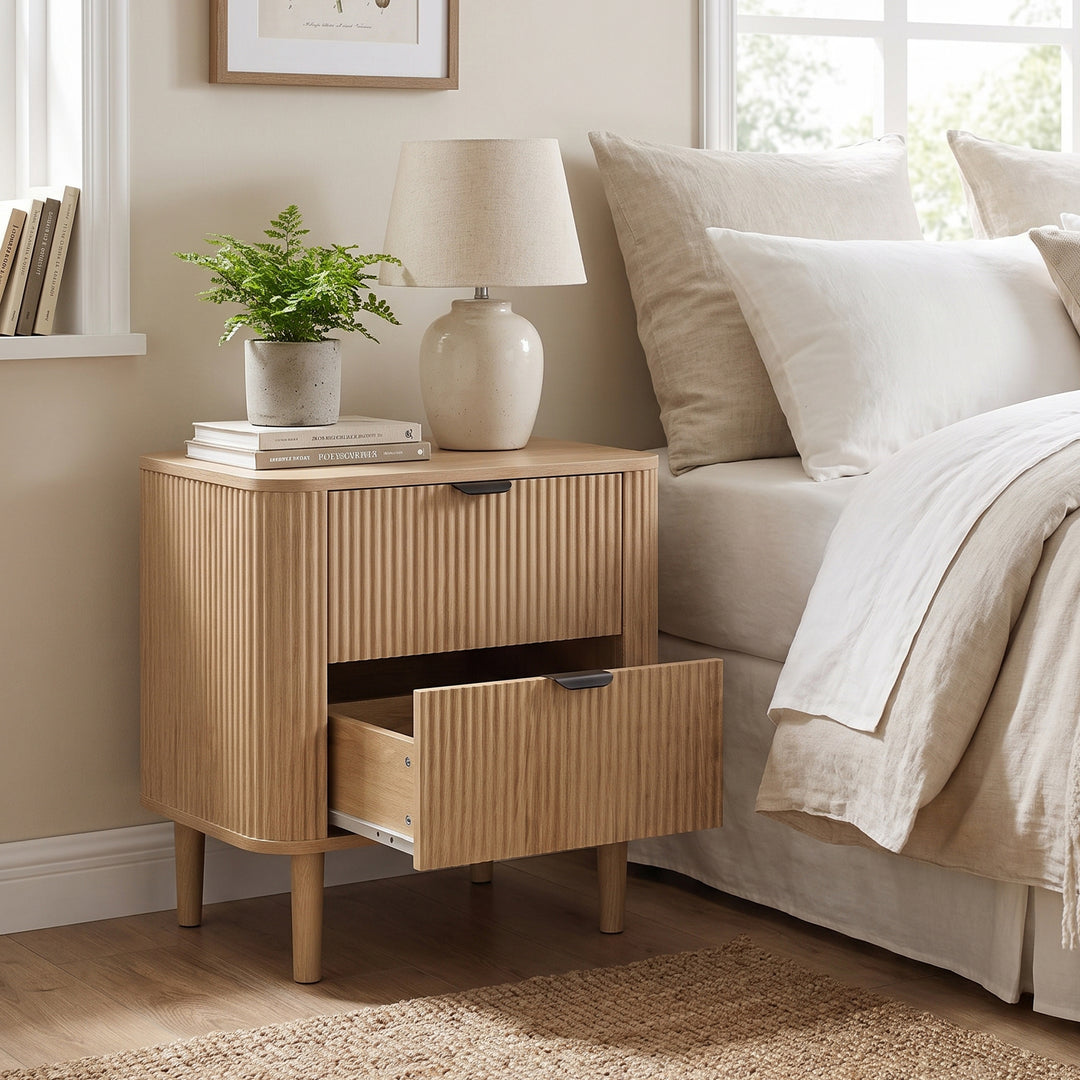 00+Nightstand Bedside Table Oak with Fluted 2-Drawer Storage for Bedroom WOODLINE