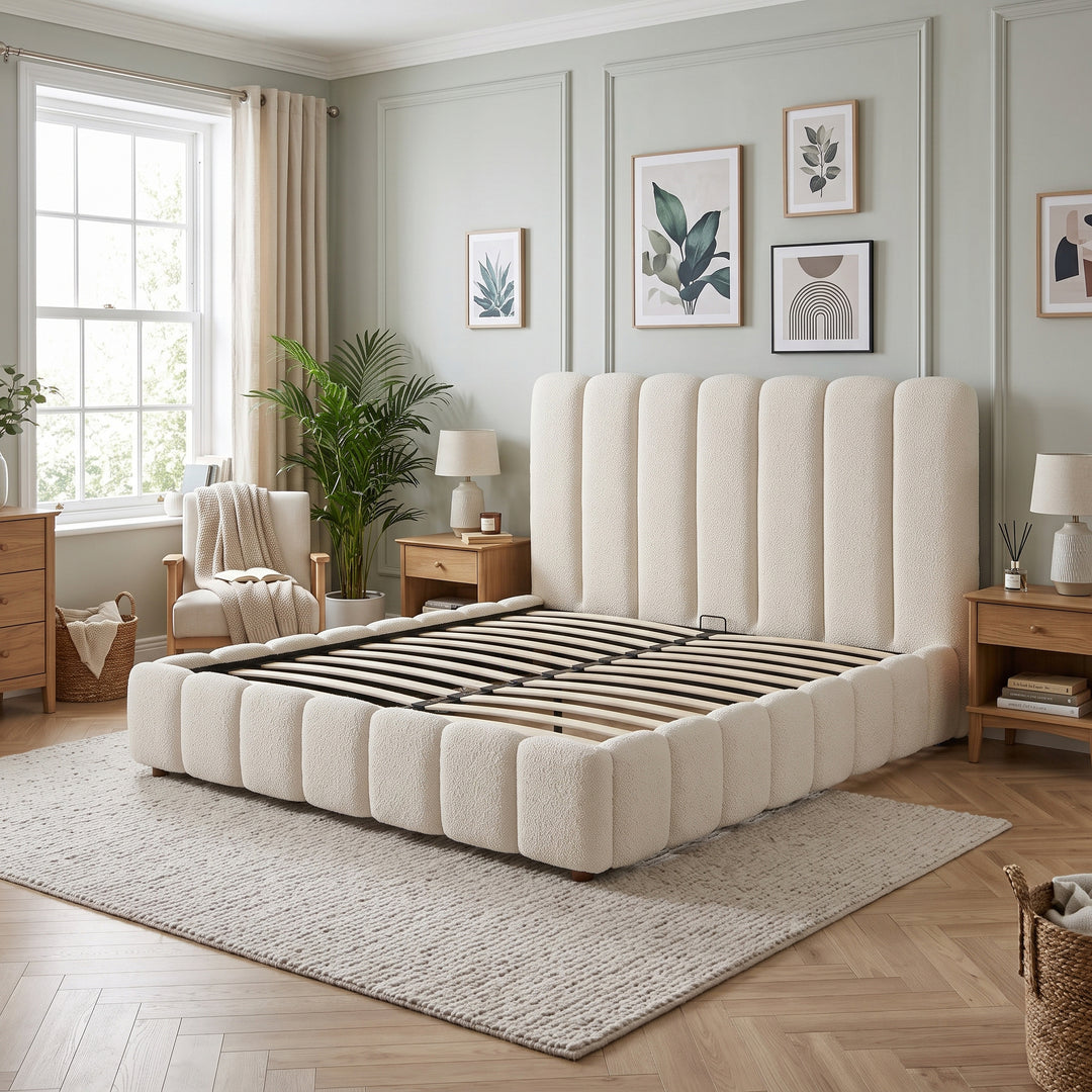White Bouclé Super King Ottoman Bed & with Storage & Padded Headboard 180x200cm WOODROOM