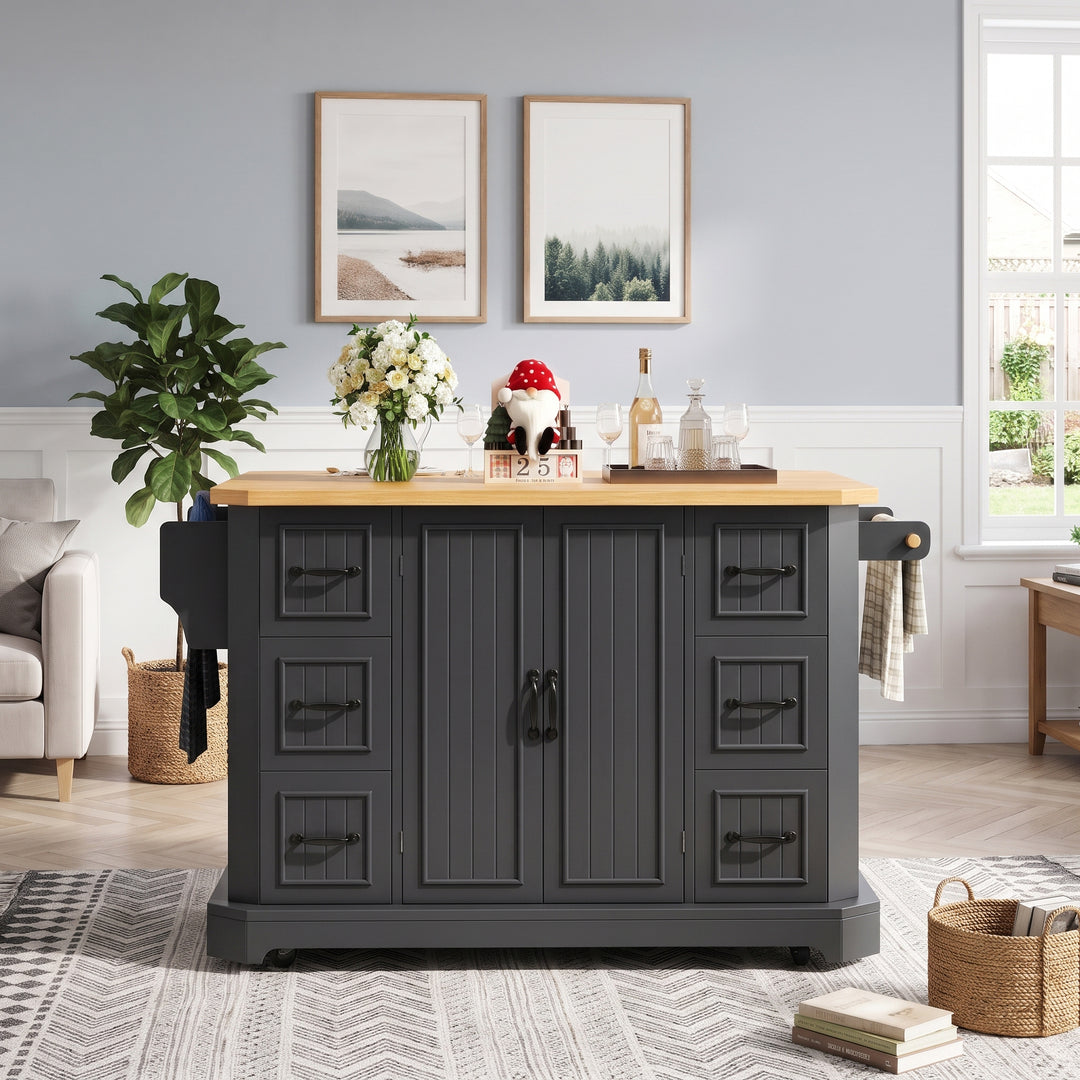 Black Kitchen Island Cart on Wheels with 6 Drawers & Cabinet ARROWSCREEN