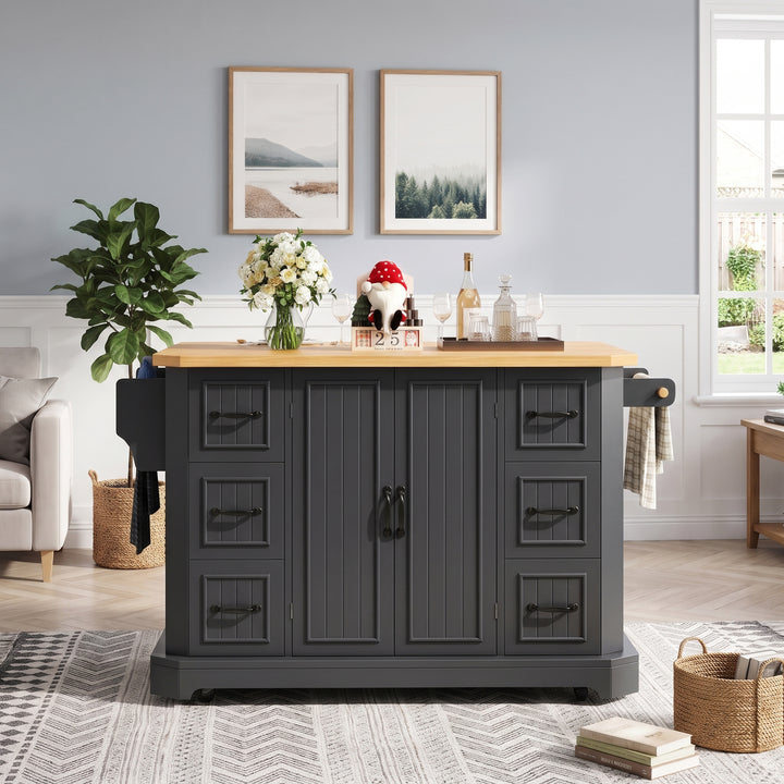 Black Kitchen Island Cart on Wheels with 6 Drawers & Cabinet ARROWSCREEN