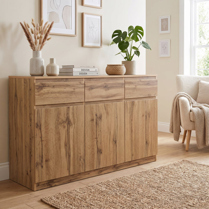 Oak Sideboard with 3 Drawers & 3 Doors 135cm WOODTRUNK