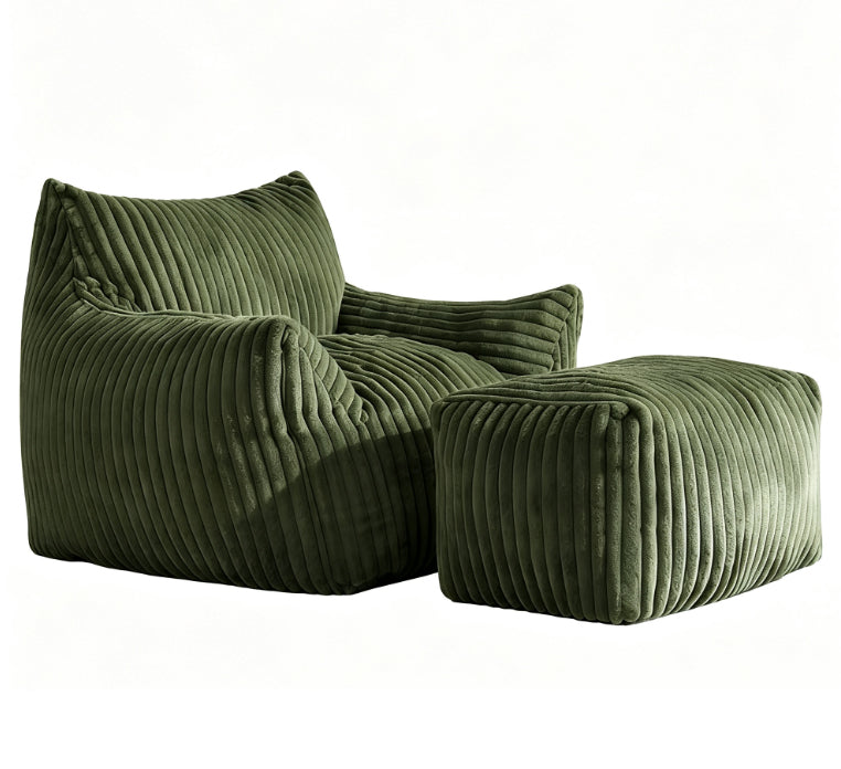 Green corduroy bean bag chair with footstool, comfy lounge seat QUADTHROW