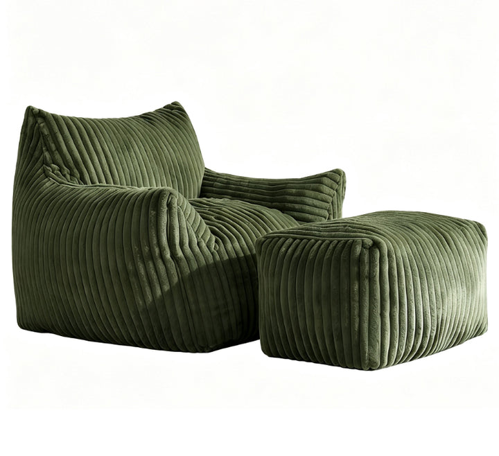 Green corduroy bean bag chair with footstool, comfy lounge seat QUADTHROW