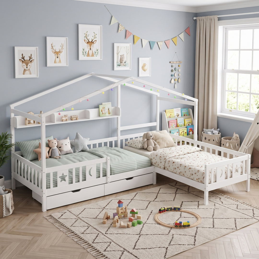 White Children's House Bed with 2 Storage Drawers LED Light and Guardrail 3ft 90x190 ARROWTHROW