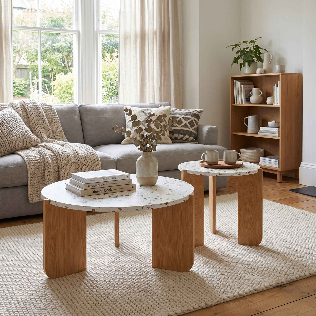 Set of 2 white marble look round nesting coffee table and wooden legs RACKAIR